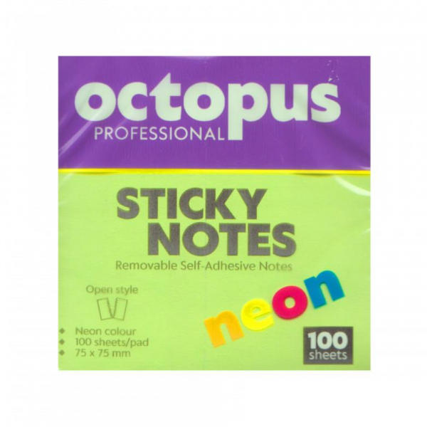 8409 Samolepljivi blokčići 75x75 Octopus neon zeleni UNL-2044 100lista